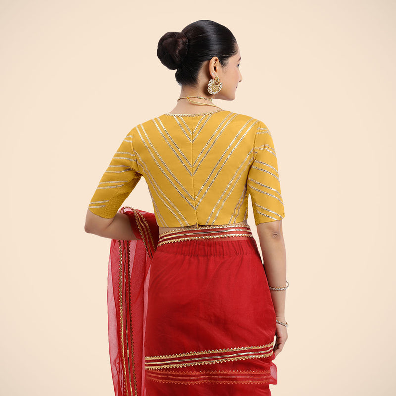 Navya x Tyohaar | Elbow Sleeves Marigold Yellow FlexiFit™ Gota Embellished Saree Blouse with Plunging V-Neck-Binks