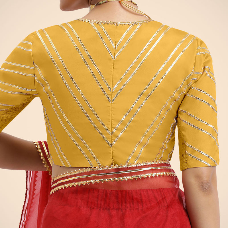 Navya x Tyohaar | Elbow Sleeves Marigold Yellow FlexiFit™ Gota Embellished Saree Blouse with Plunging V-Neck-Binks