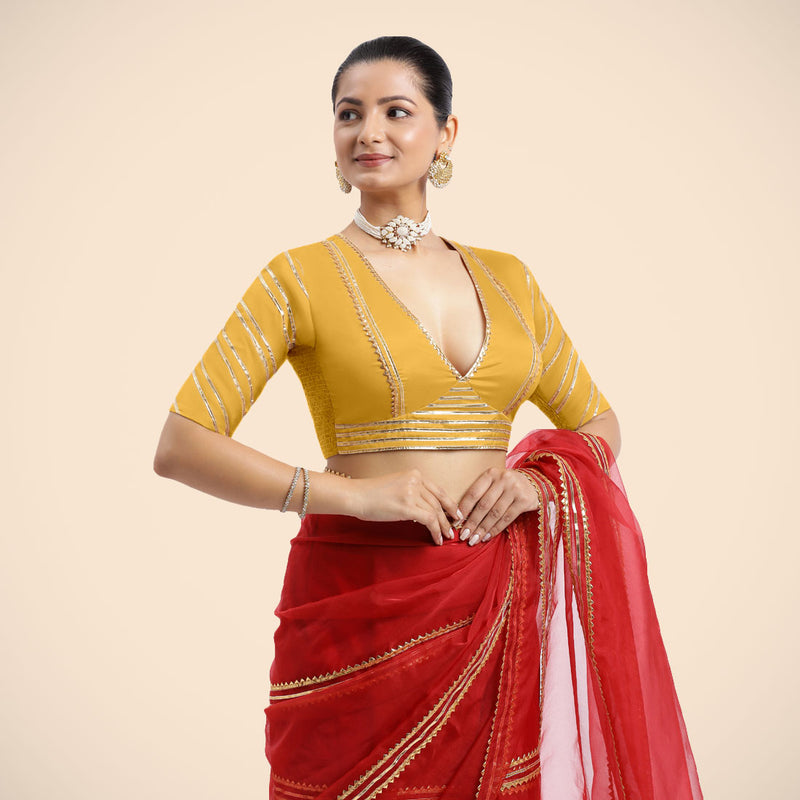 Navya x Tyohaar | Elbow Sleeves Marigold Yellow FlexiFit™ Gota Embellished Saree Blouse with Plunging V-Neck-Binks