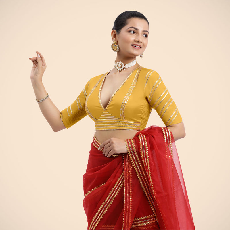 Navya x Tyohaar | Elbow Sleeves Marigold Yellow FlexiFit™ Gota Embellished Saree Blouse with Plunging V-Neck-Binks