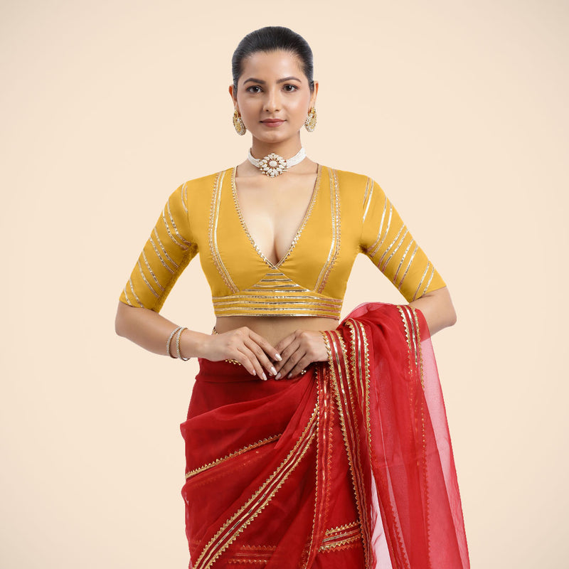 Navya x Tyohaar | Elbow Sleeves Marigold Yellow FlexiFit™ Gota Embellished Saree Blouse with Plunging V-Neck-Binks