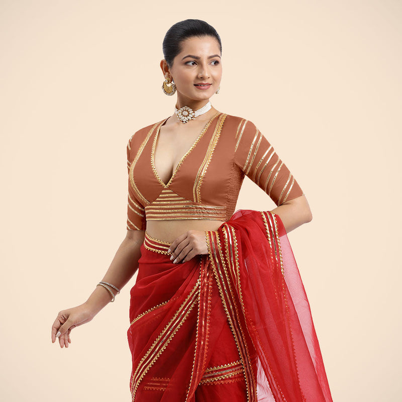 Navya x Tyohaar | Metallic Copper Elbow Sleeves FlexiFit™ Saree Blouse with Plunging V Neckline with Tasteful Golden Gota Lace-Binks