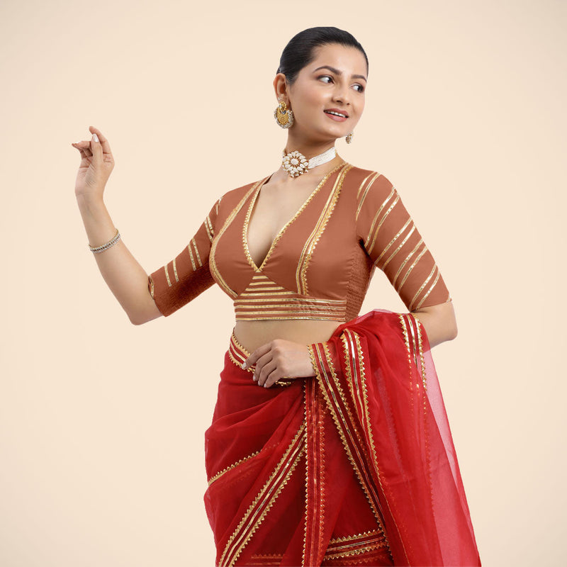 Navya x Tyohaar | Metallic Copper Elbow Sleeves FlexiFit™ Saree Blouse with Plunging V Neckline with Tasteful Golden Gota Lace-Binks