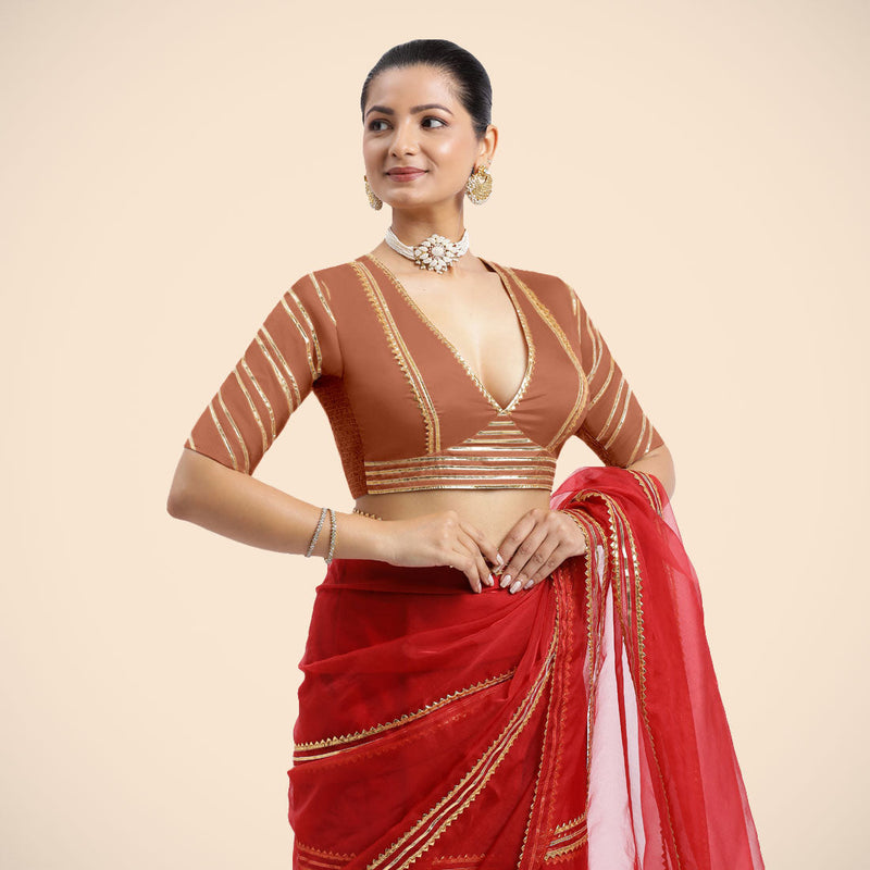 Navya x Tyohaar | Metallic Copper Elbow Sleeves FlexiFit™ Saree Blouse with Plunging V Neckline with Tasteful Golden Gota Lace-Binks