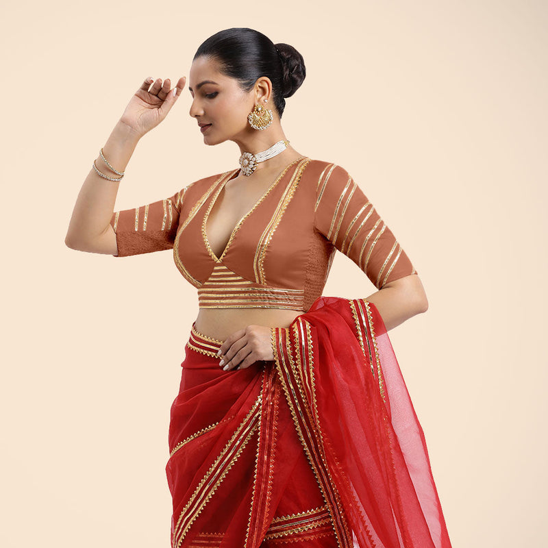 Navya x Tyohaar | Metallic Copper Elbow Sleeves FlexiFit™ Saree Blouse with Plunging V Neckline with Tasteful Golden Gota Lace-Binks