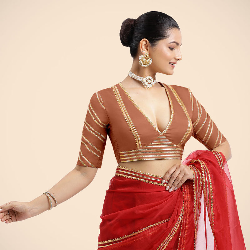 Navya x Tyohaar | Metallic Copper Elbow Sleeves FlexiFit™ Saree Blouse with Plunging V Neckline with Tasteful Golden Gota Lace-Binks