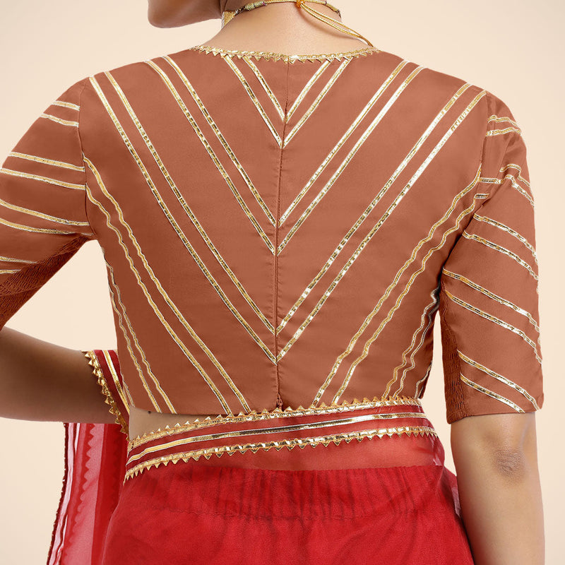 Navya x Tyohaar | Metallic Copper Elbow Sleeves FlexiFit™ Saree Blouse with Plunging V Neckline with Tasteful Golden Gota Lace-Binks
