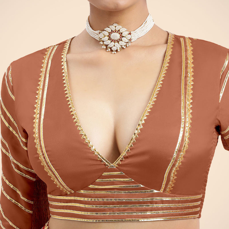 Navya x Tyohaar | Metallic Copper Elbow Sleeves FlexiFit™ Saree Blouse with Plunging V Neckline with Tasteful Golden Gota Lace-Binks