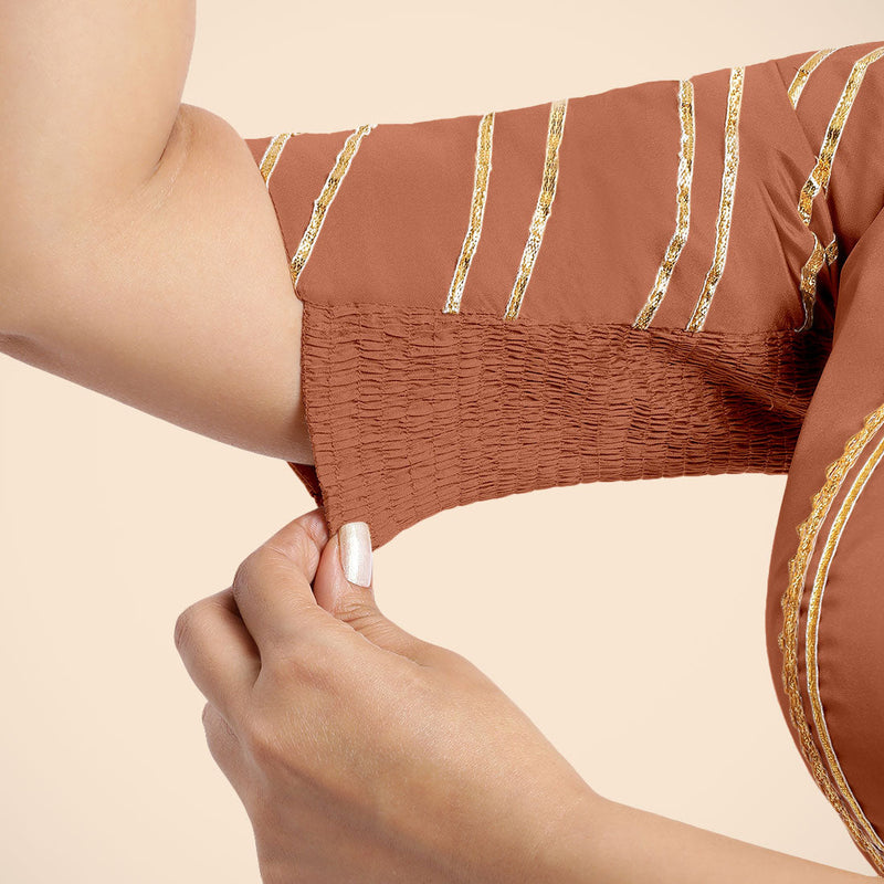 Navya x Tyohaar | Metallic Copper Elbow Sleeves FlexiFit™ Saree Blouse with Plunging V Neckline with Tasteful Golden Gota Lace-Binks