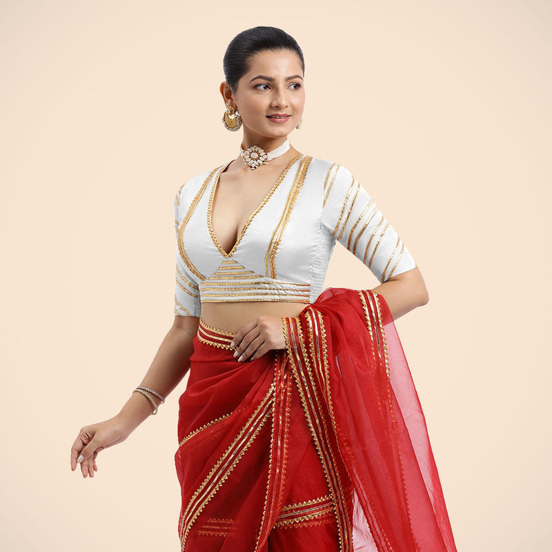 Navya x Tyohaar | Pearl White Elbow Sleeves FlexiFit™ Saree Blouse with Plunging V Neckline with Tasteful Golden Gota Lace-Binks