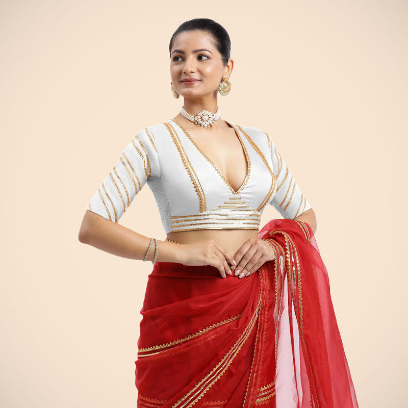 Navya x Tyohaar | Pearl White Elbow Sleeves FlexiFit™ Saree Blouse with Plunging V Neckline with Tasteful Golden Gota Lace-Binks