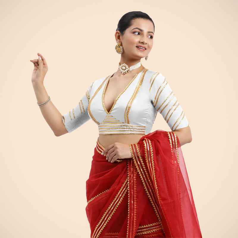 Navya x Tyohaar | Pearl White Elbow Sleeves FlexiFit™ Saree Blouse with Plunging V Neckline with Tasteful Golden Gota Lace-Binks