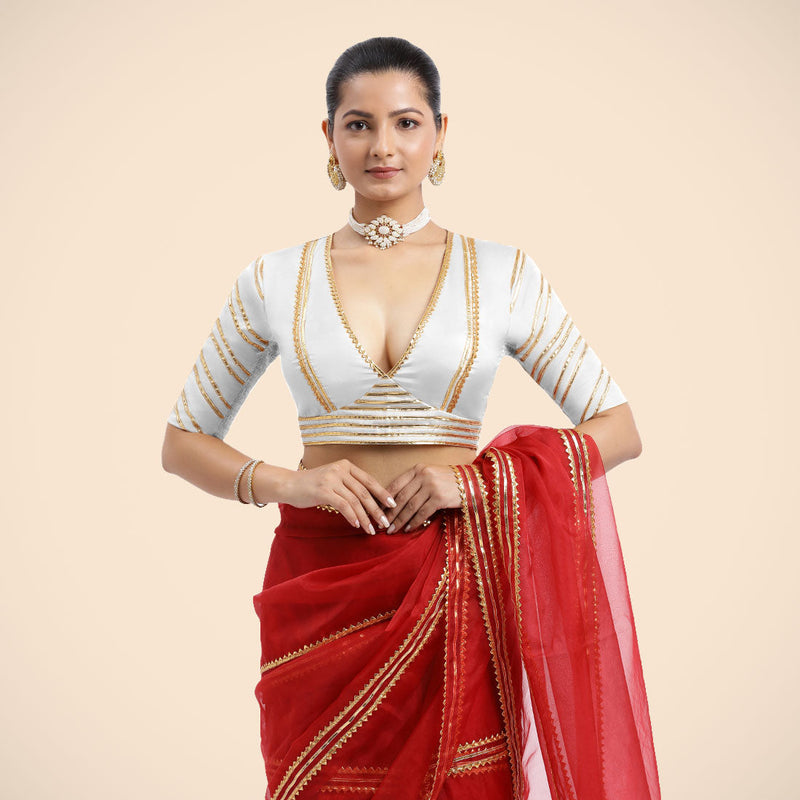 Navya x Tyohaar | Pearl White Elbow Sleeves FlexiFit™ Saree Blouse with Plunging V Neckline with Tasteful Golden Gota Lace-Binks
