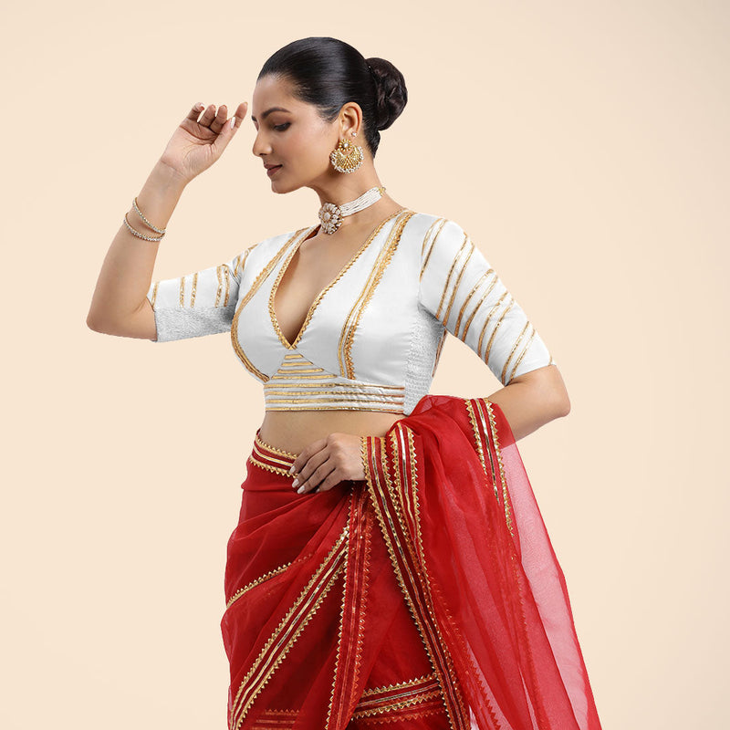 Navya x Tyohaar | Pearl White Elbow Sleeves FlexiFit™ Saree Blouse with Plunging V Neckline with Tasteful Golden Gota Lace-Binks