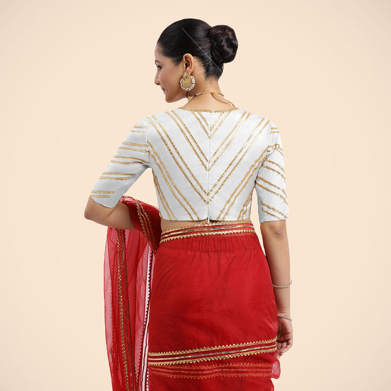 Navya x Tyohaar | Pearl White Elbow Sleeves FlexiFit™ Saree Blouse with Plunging V Neckline with Tasteful Golden Gota Lace-Binks