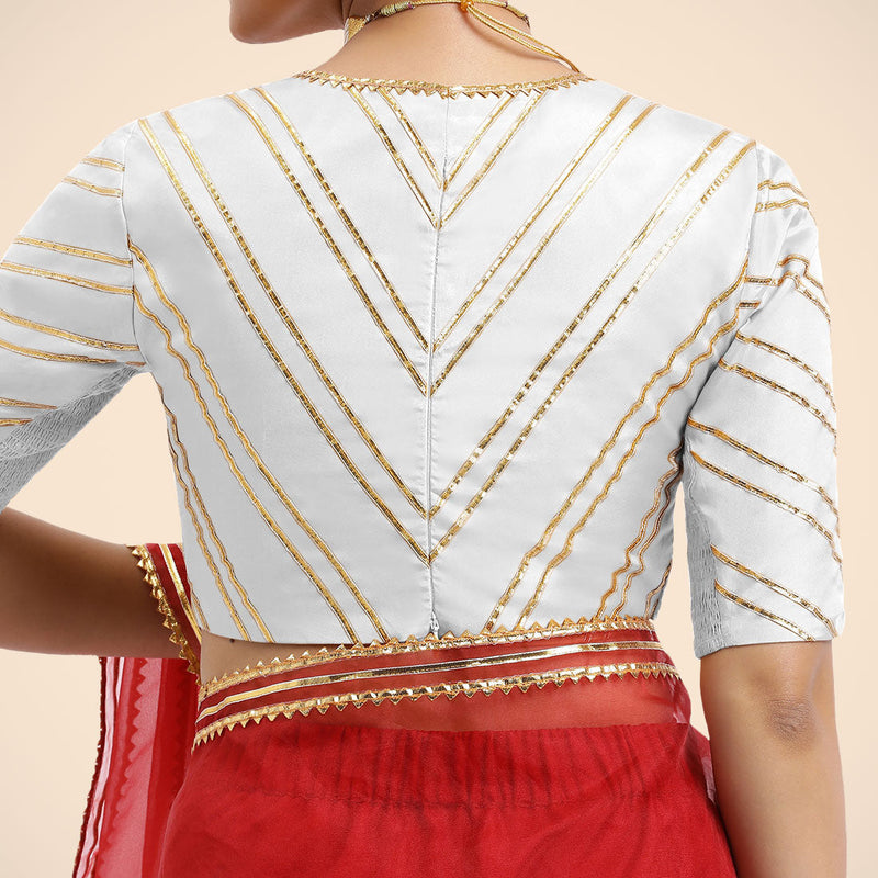 Navya x Tyohaar | Pearl White Elbow Sleeves FlexiFit™ Saree Blouse with Plunging V Neckline with Tasteful Golden Gota Lace-Binks