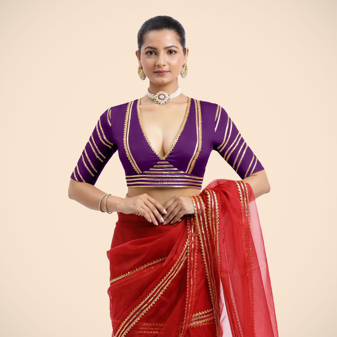 Navya x Tyohaar Saree Blouse, in Purple Vegan Silk, featuring elbow sleeves and v-neckline, made for party & festive.