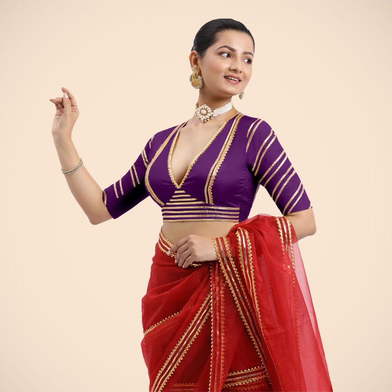 Navya x Tyohaar | Purple Elbow Sleeves FlexiFit™ Saree Blouse with Plunging V Neckline with Tasteful Golden Gota Lace-Binks