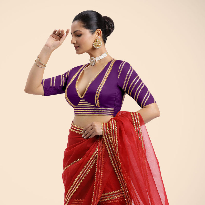 Navya x Tyohaar | Purple Elbow Sleeves FlexiFit™ Saree Blouse with Plunging V Neckline with Tasteful Golden Gota Lace-Binks
