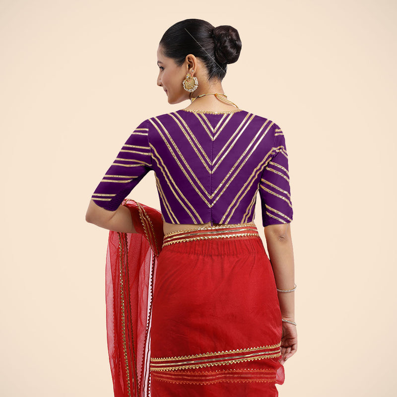 Navya x Tyohaar | Purple Elbow Sleeves FlexiFit™ Saree Blouse with Plunging V Neckline with Tasteful Golden Gota Lace-Binks