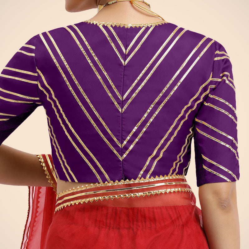 Navya x Tyohaar | Purple Elbow Sleeves FlexiFit™ Saree Blouse with Plunging V Neckline with Tasteful Golden Gota Lace-Binks