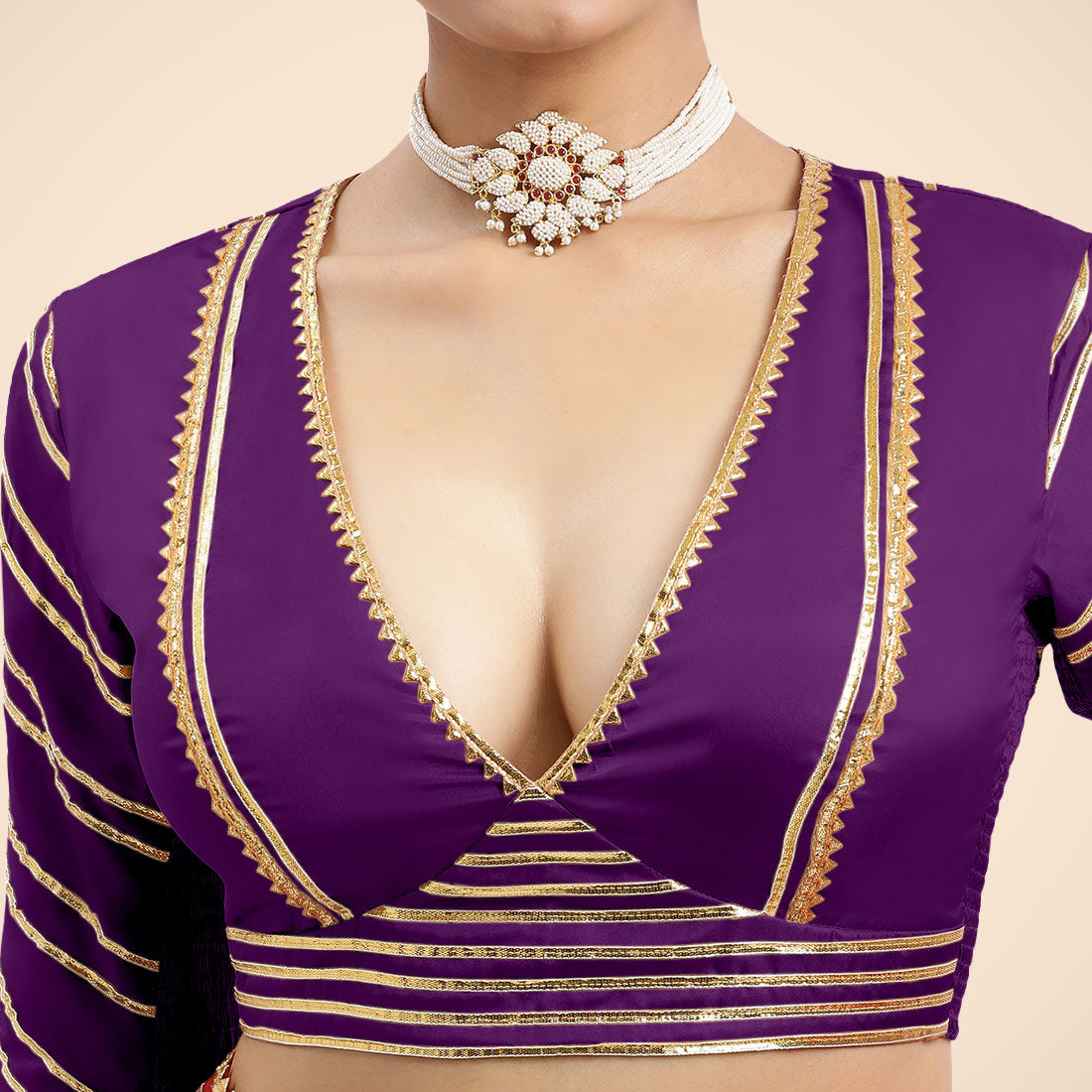 Navya x Tyohaar Saree Blouse, in Purple Vegan Silk, featuring elbow sleeves and v-neckline, made for party & festive (view 8).