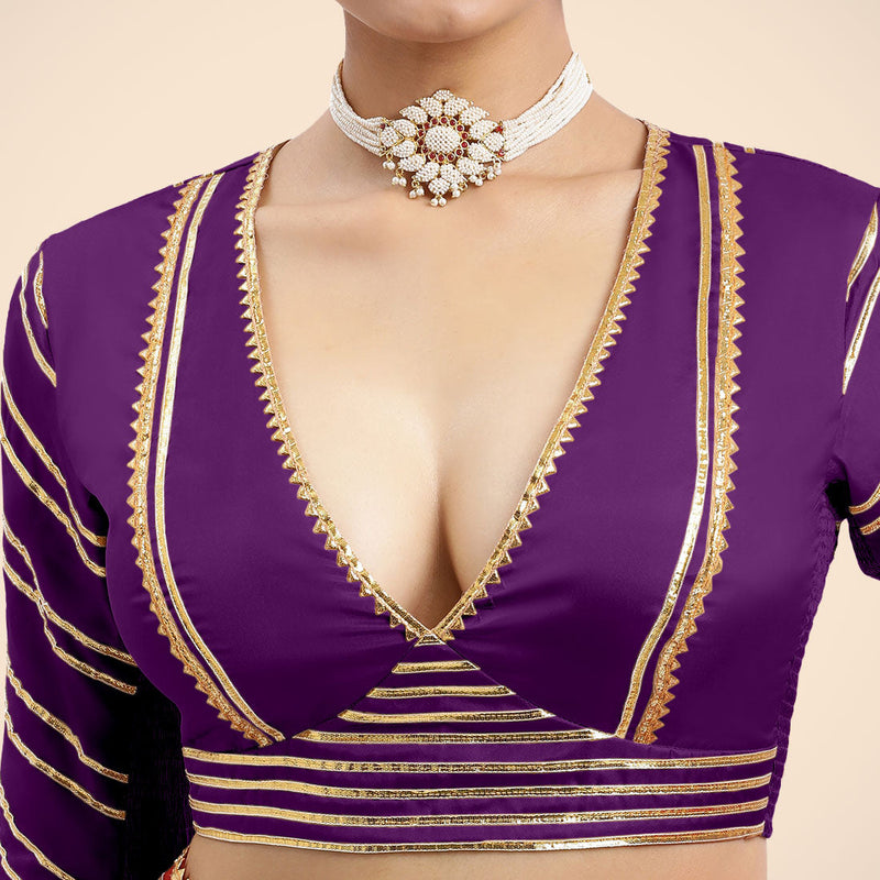 Navya x Tyohaar | Purple Elbow Sleeves FlexiFit™ Saree Blouse with Plunging V Neckline with Tasteful Golden Gota Lace-Binks