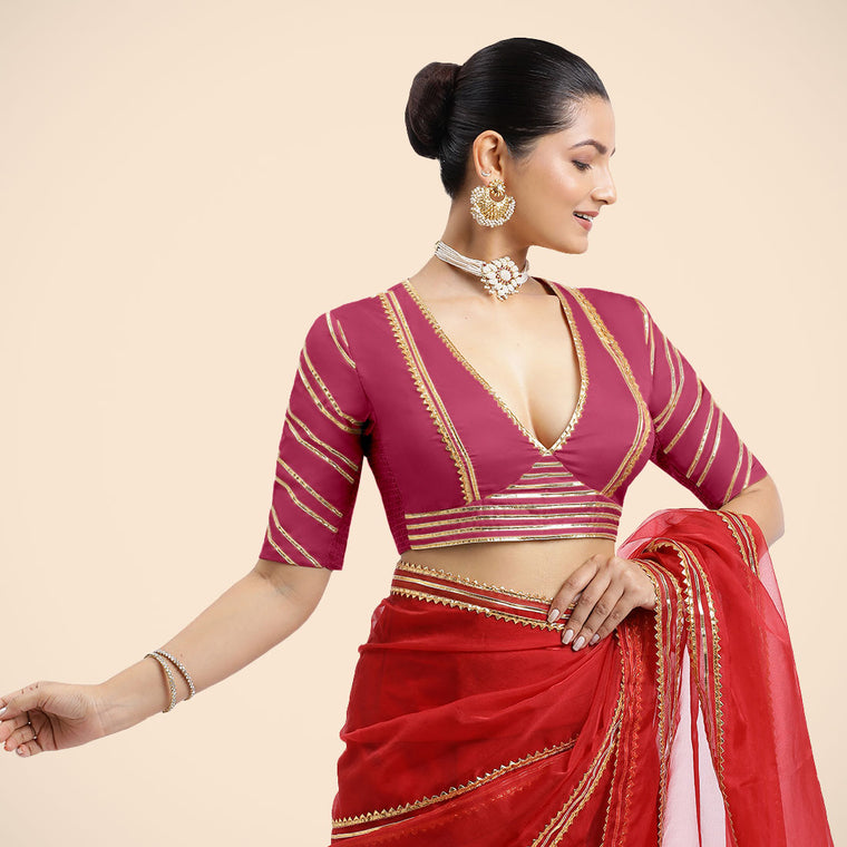 Navya x Tyohaar Saree Blouse, in Pink Vegan Silk, featuring elbow sleeves and v-neckline, made for party & festive.