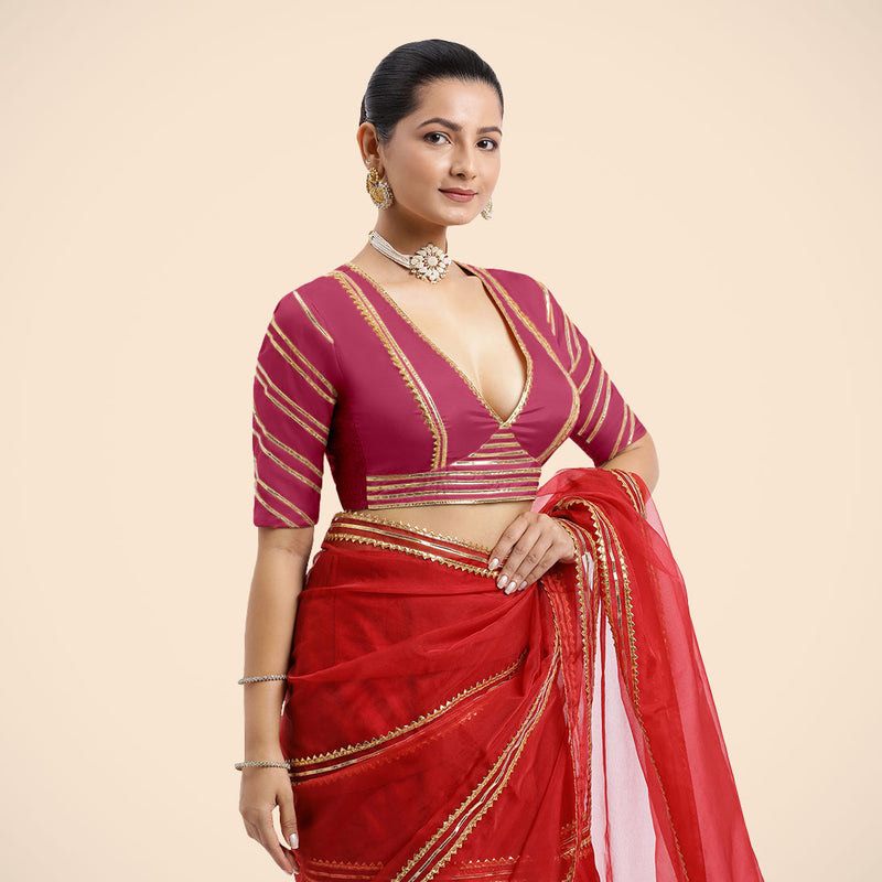 Navya x Tyohaar | Rani Pink Elbow Sleeves FlexiFit™ Saree Blouse with Plunging V Neckline with Tasteful Golden Gota Lace-Binks