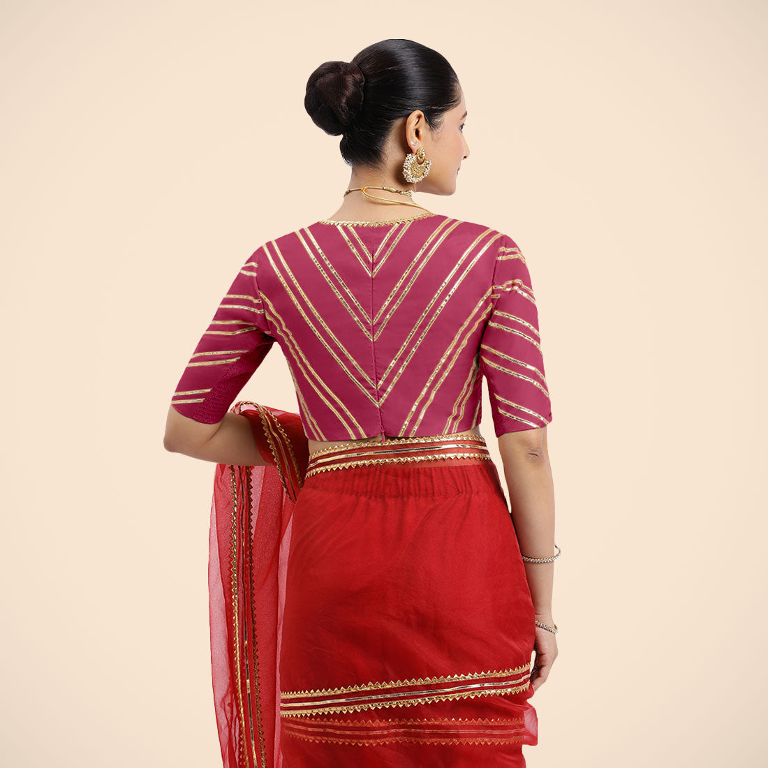 Navya x Tyohaar Saree Blouse, in Pink Vegan Silk, featuring elbow sleeves and v-neckline, made for party & festive (view 2).