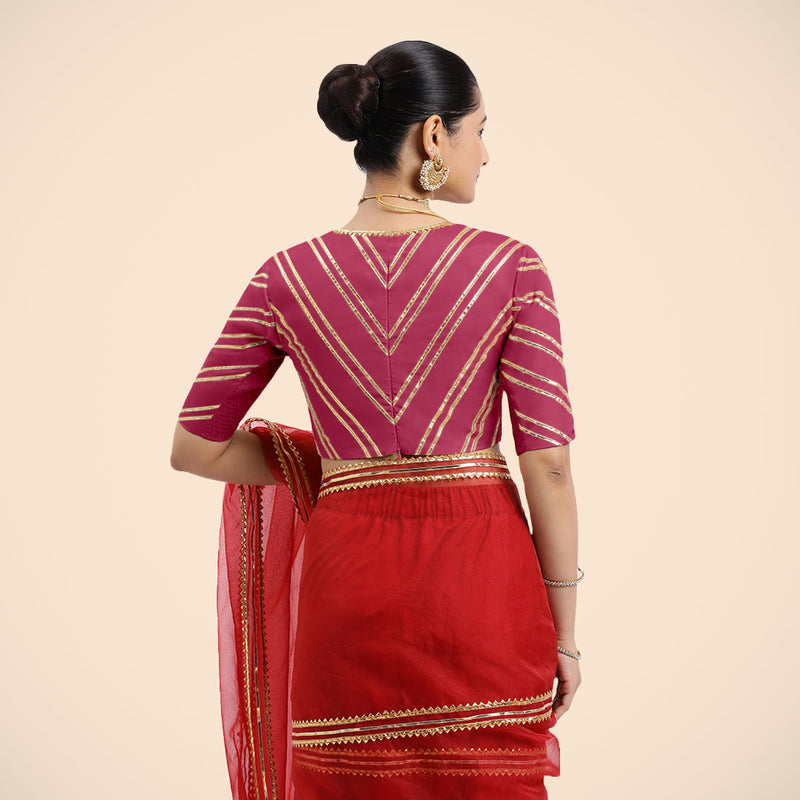 Navya x Tyohaar | Rani Pink Elbow Sleeves FlexiFit™ Saree Blouse with Plunging V Neckline with Tasteful Golden Gota Lace-Binks