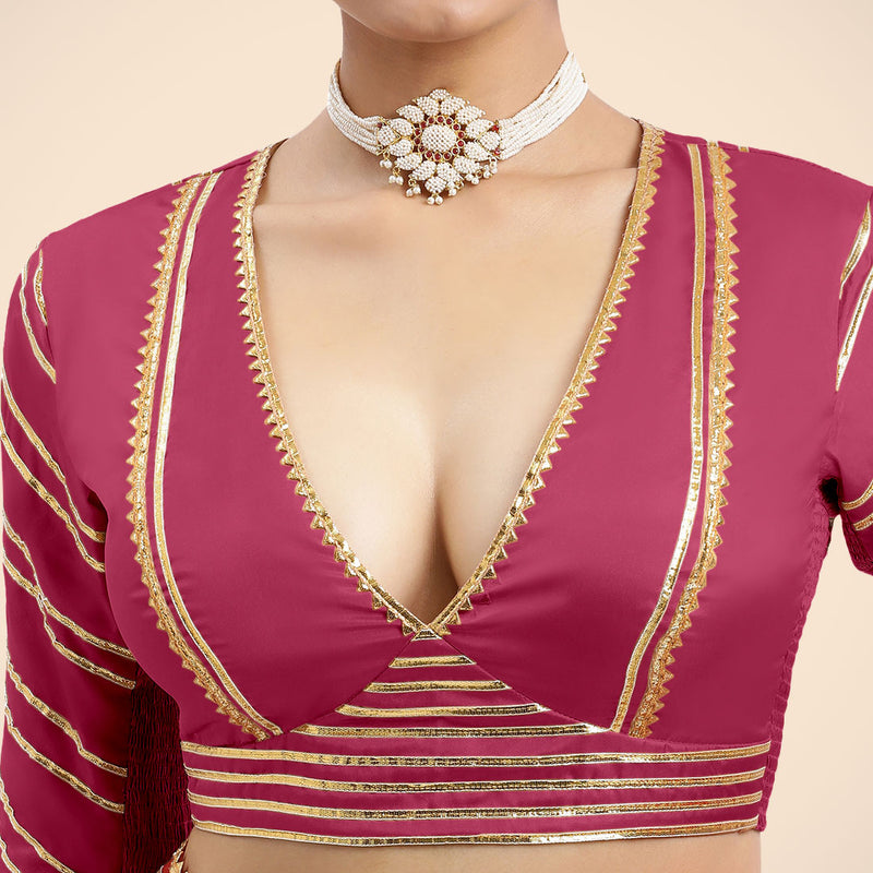 Navya x Tyohaar | Rani Pink Elbow Sleeves FlexiFit™ Saree Blouse with Plunging V Neckline with Tasteful Golden Gota Lace-Binks