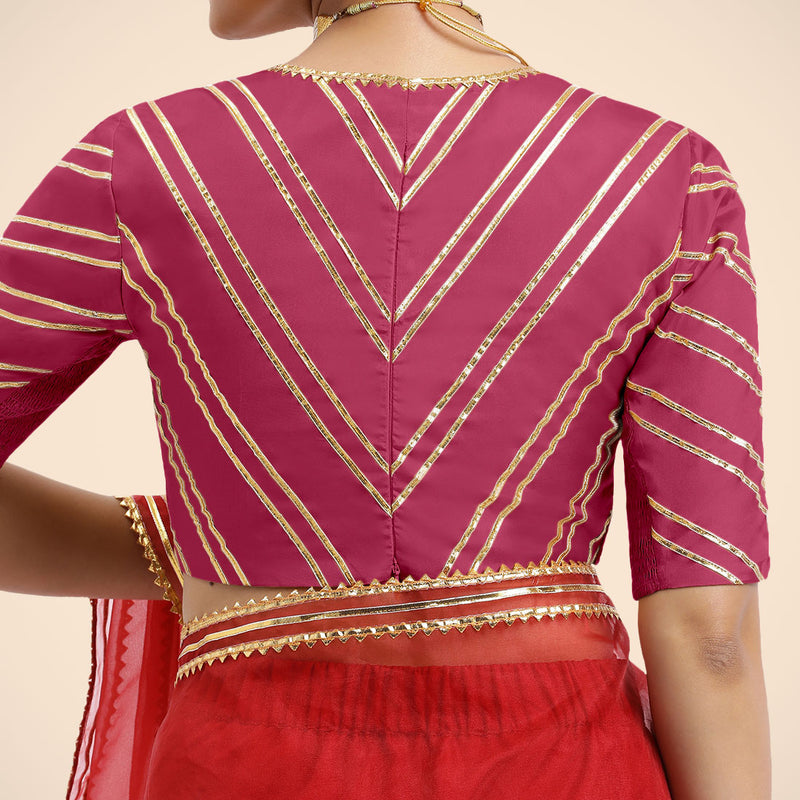 Navya x Tyohaar | Rani Pink Elbow Sleeves FlexiFit™ Saree Blouse with Plunging V Neckline with Tasteful Golden Gota Lace-Binks