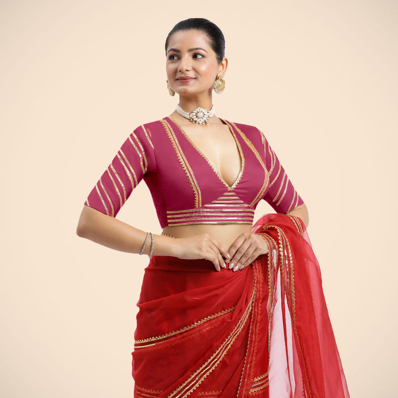 Navya x Tyohaar | Rani Pink Elbow Sleeves FlexiFit™ Saree Blouse with Plunging V Neckline with Tasteful Golden Gota Lace-Binks