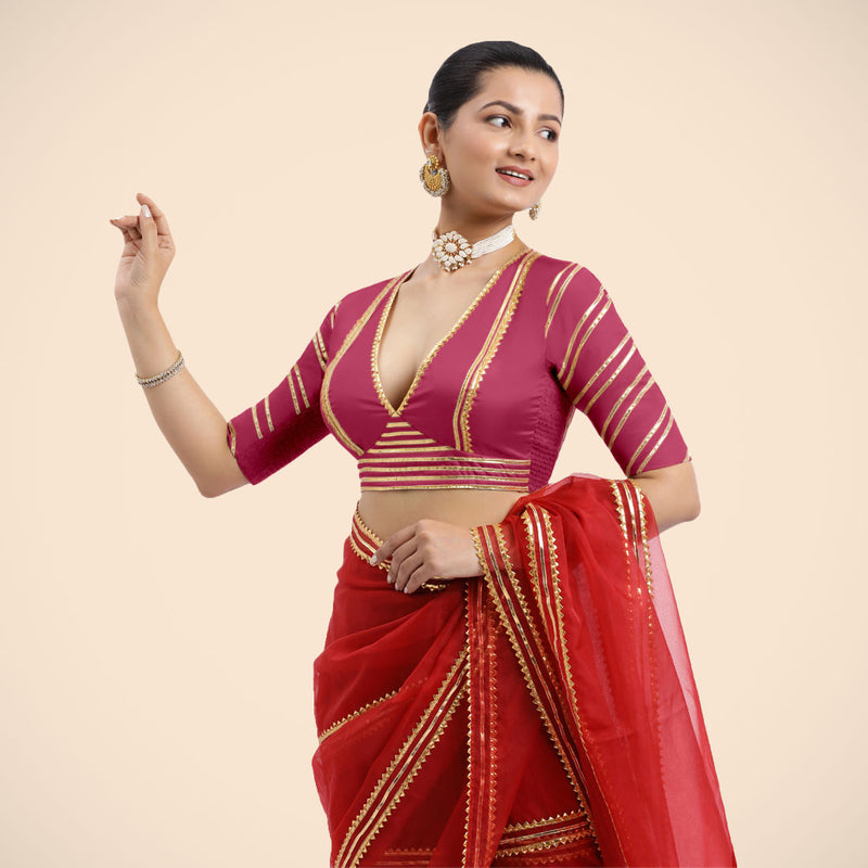 Navya x Tyohaar | Rani Pink Elbow Sleeves FlexiFit™ Saree Blouse with Plunging V Neckline with Tasteful Golden Gota Lace-Binks