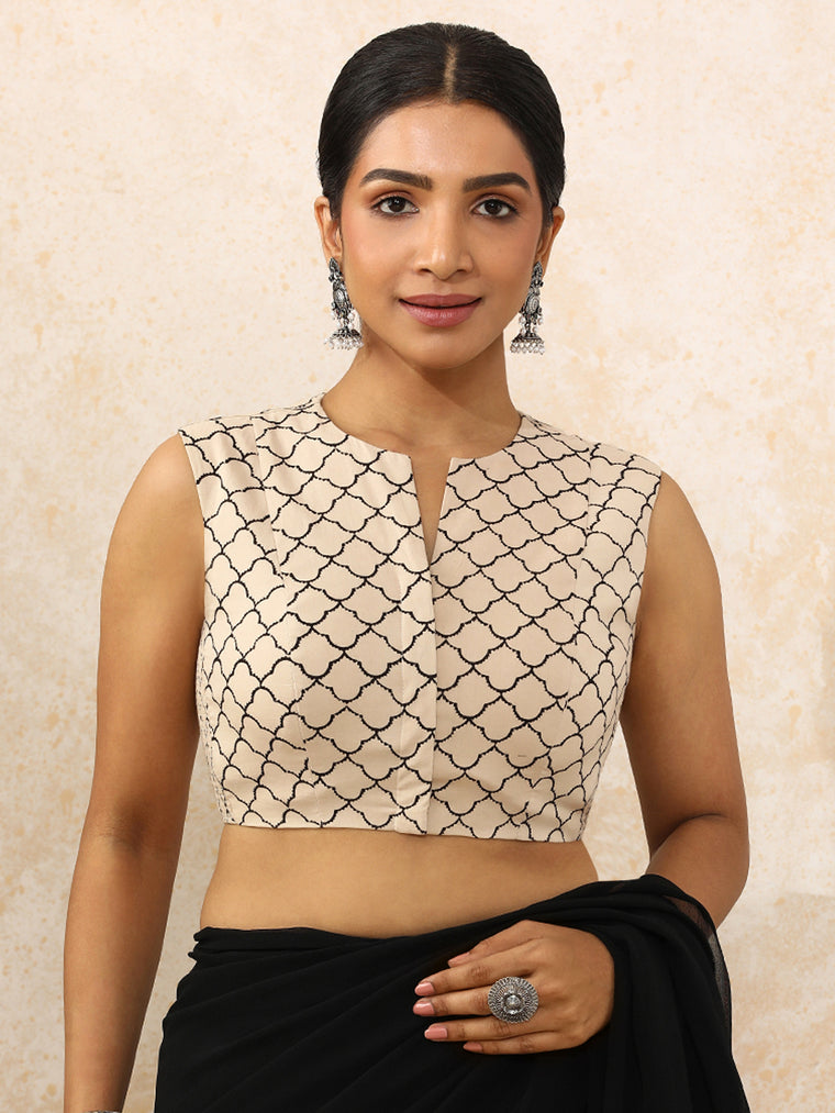 Nayra x Rozaana Saree Blouse, in Cream 100% Cotton - Block Printed, featuring sleeveless and jewel neckline.