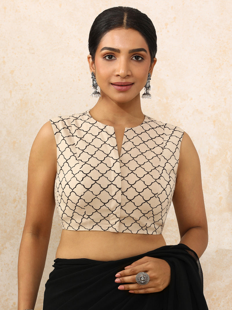 Nayra x Rozaana | Sleeveless Saree Blouse in Cream Fishscale Block Print Cotton-Binks