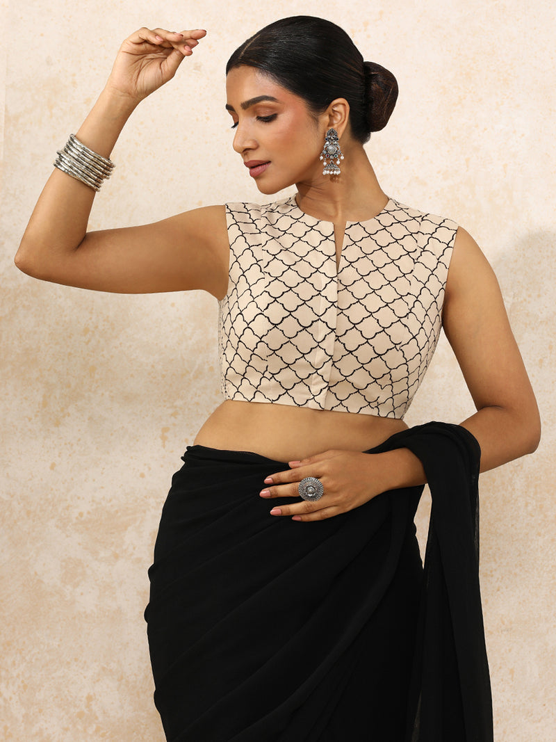 Nayra x Rozaana | Sleeveless Saree Blouse in Cream Fishscale Block Print Cotton-Binks