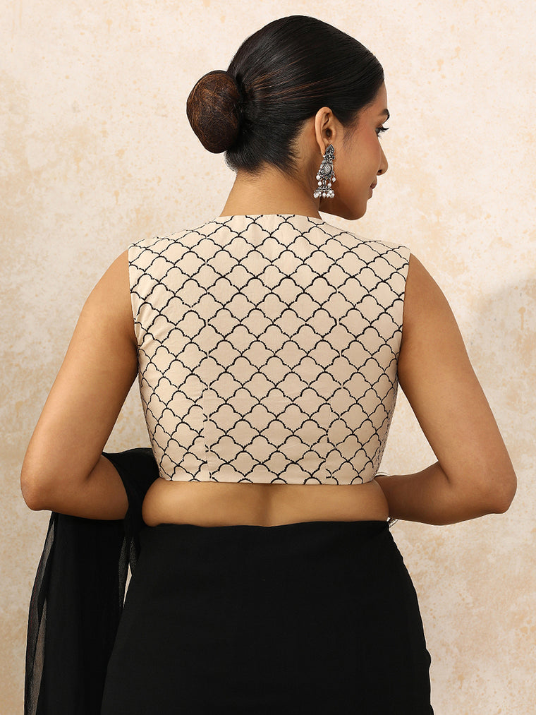 Nayra x Rozaana Saree Blouse, in Cream 100% Cotton - Block Printed, featuring sleeveless and jewel neckline (view 2).