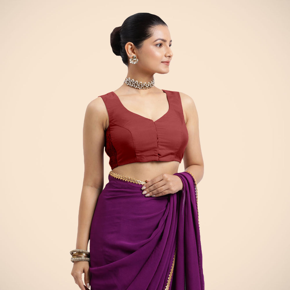 Nazia x Rozaana | Auburn Red Sleeveless FlexiFit™ Saree Blouse with Front Open Curved V Neckline with Deep Back and Dori