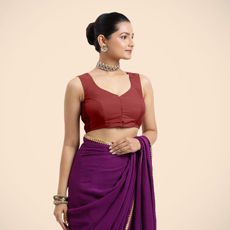 Nazia x Rozaana | Auburn Red Sleeveless FlexiFit™ Saree Blouse with Front Open Curved V Neckline with Deep Back and Dori-Binks