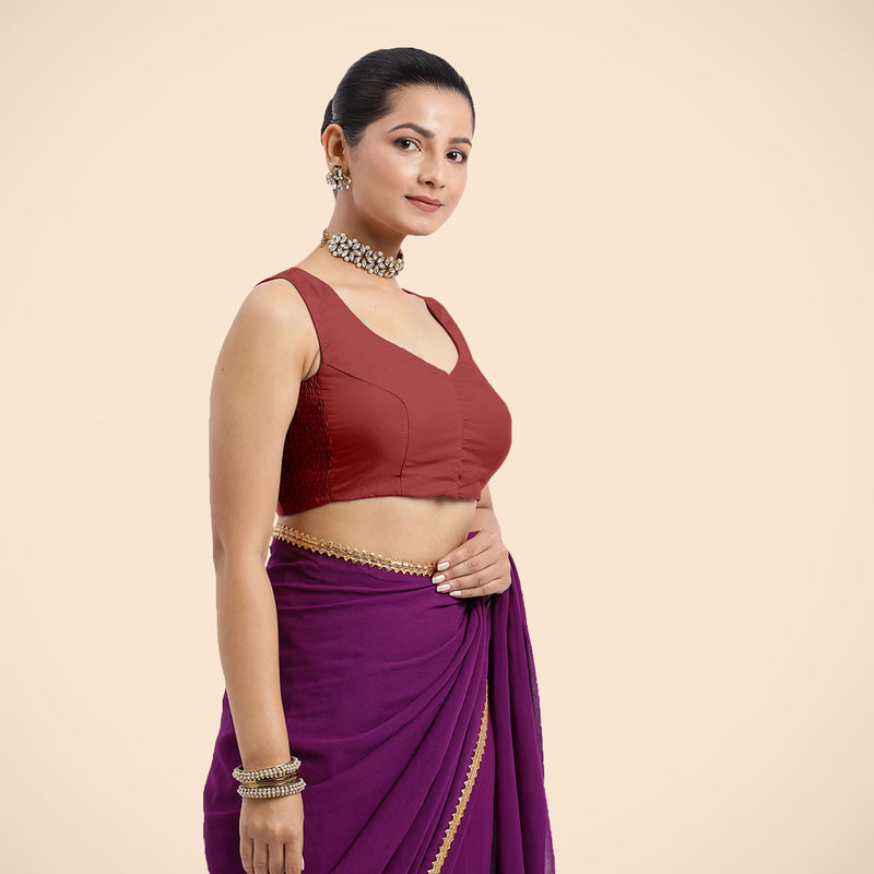 Nazia x Rozaana | Auburn Red Sleeveless FlexiFit™ Saree Blouse with Front Open Curved V Neckline with Deep Back and Dori-Binks