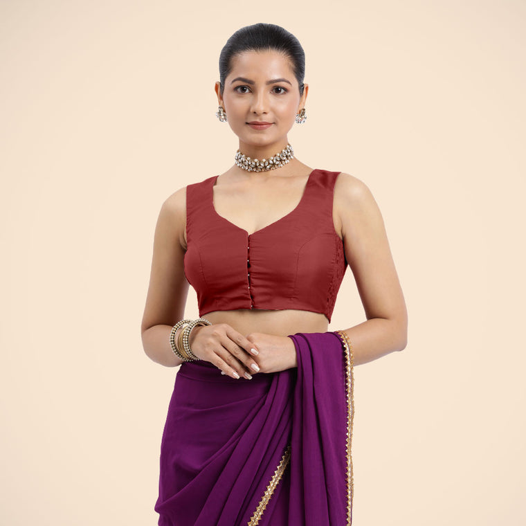 Nazia x Rozaana Saree Blouse, in Red Vegan Silk, featuring sleeveless and curved v-neckline, made for daily & work (view 2).