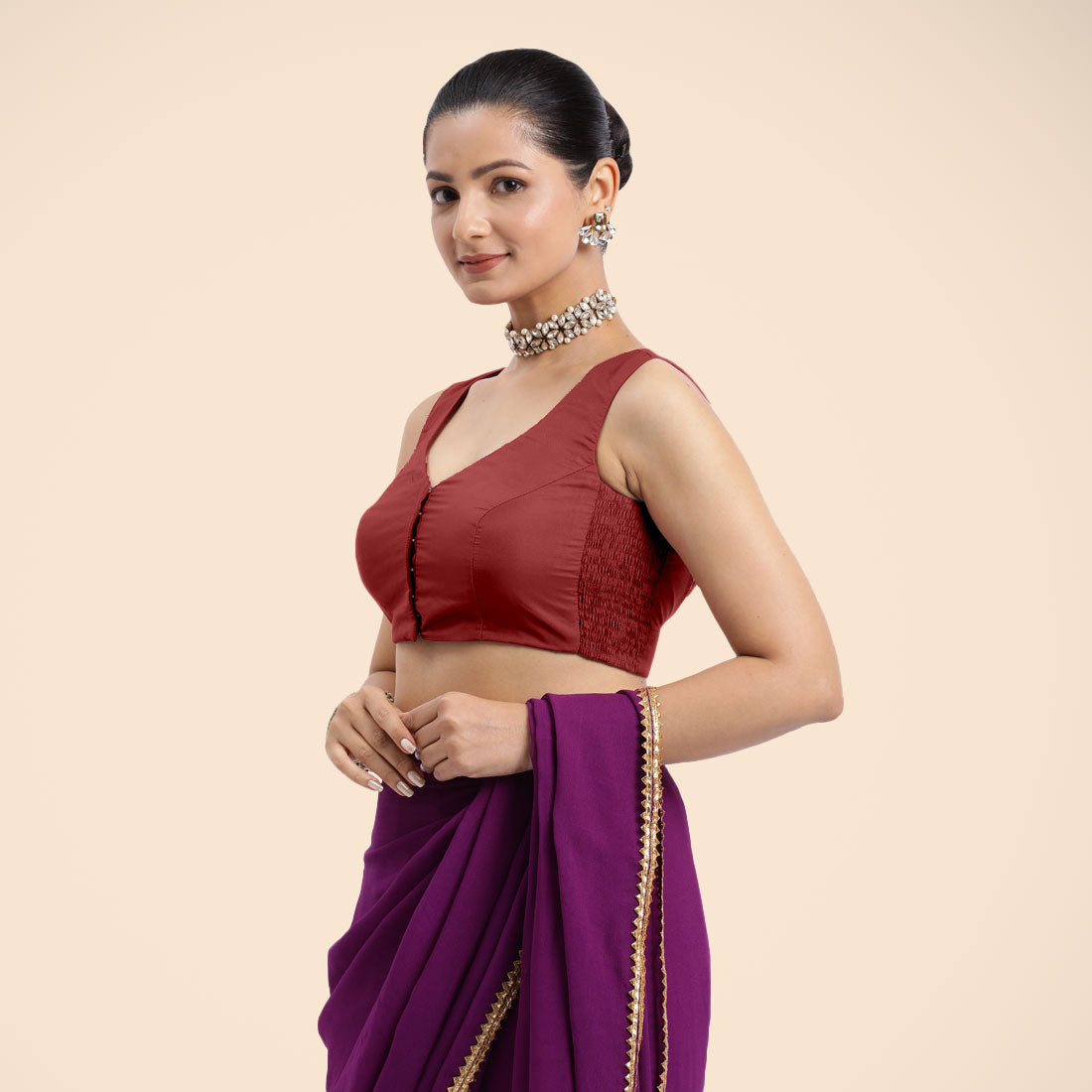 Nazia x Rozaana Saree Blouse, in Red Vegan Silk, featuring sleeveless and curved v-neckline, made for daily & work (view 4).