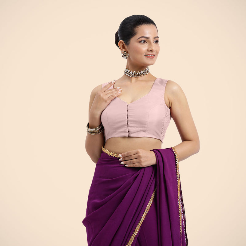 Nazia x Rozaana | Sleeveless Baby Pink FlexiFit™ Saree Blouse with Curved V-Neck-Binks