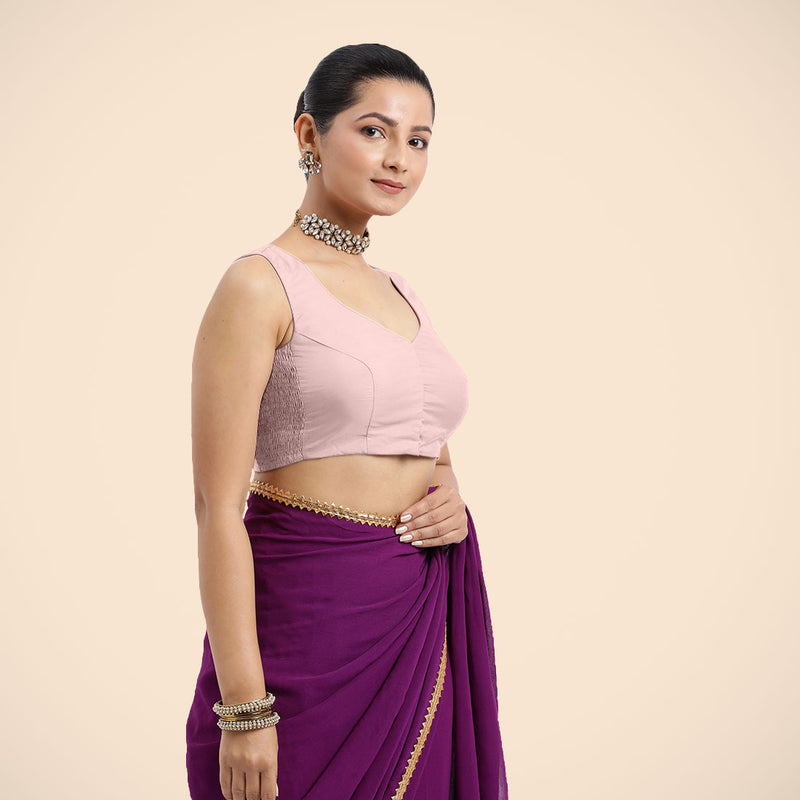 Nazia x Rozaana | Sleeveless Baby Pink FlexiFit™ Saree Blouse with Curved V-Neck-Binks