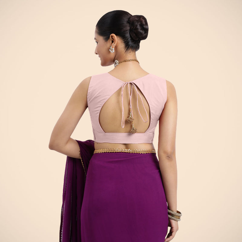 Nazia x Rozaana | Sleeveless Baby Pink FlexiFit™ Saree Blouse with Curved V-Neck-Binks