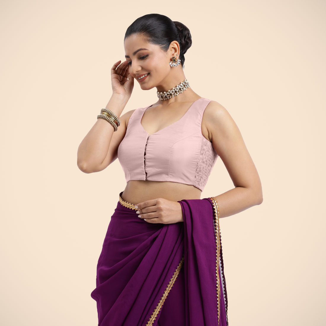 Nazia x Rozaana Saree Blouse, in Pink Artificial Silk, featuring sleeveless and curved v-neckline, made for daily & work.