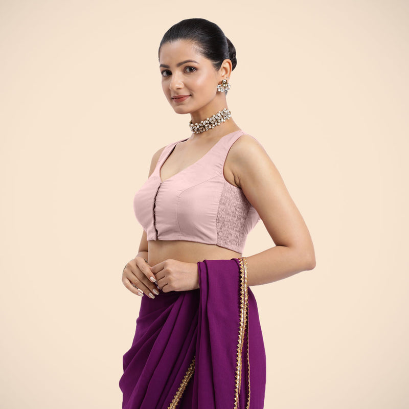 Nazia x Rozaana | Sleeveless Baby Pink FlexiFit™ Saree Blouse with Curved V-Neck-Binks