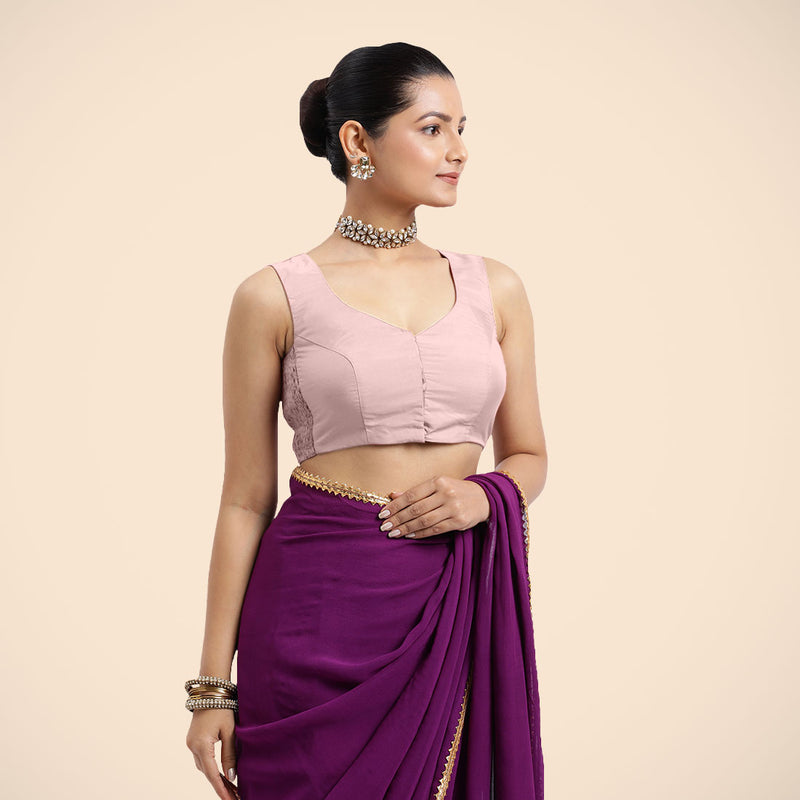 Nazia x Rozaana | Sleeveless Baby Pink FlexiFit™ Saree Blouse with Curved V-Neck-Binks